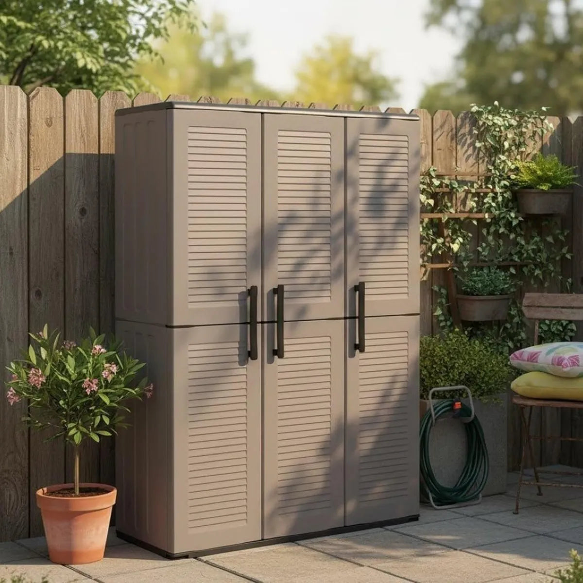 Armoire de Jardin Polyvalente en Bois Composite, Fabrication Italienne, Gris et Noir, 102x37x163 cm