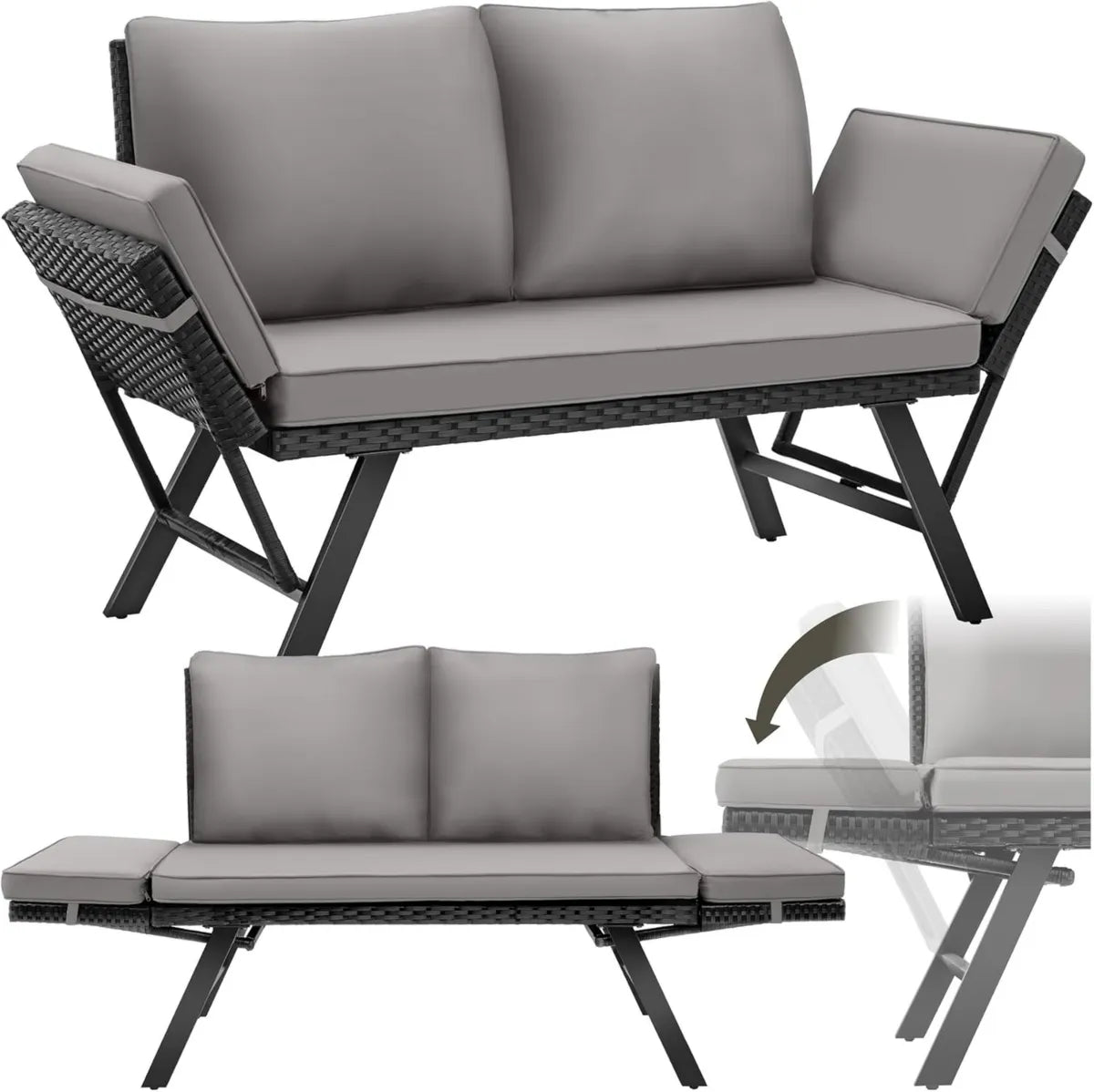 Ensemble Mobilier de Jardin 2-en-1: Canapé et Bain de Soleil en Résine Tressée - Coussins Inclus