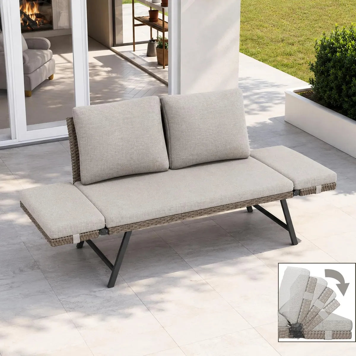 Canapé de Jardin 2 Places en Rotin Synthétique avec Accoudoirs Ajustables et Coussins Déhoussables - Beige