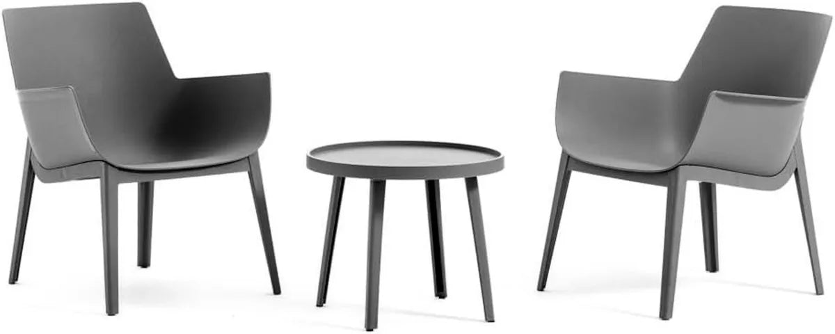 Ensemble de salon de jardin en polypropylène renforcé, 2 fauteuils et table basse - Parfait pour balcon, terrasse et piscine - Modèle Betty en gris foncé