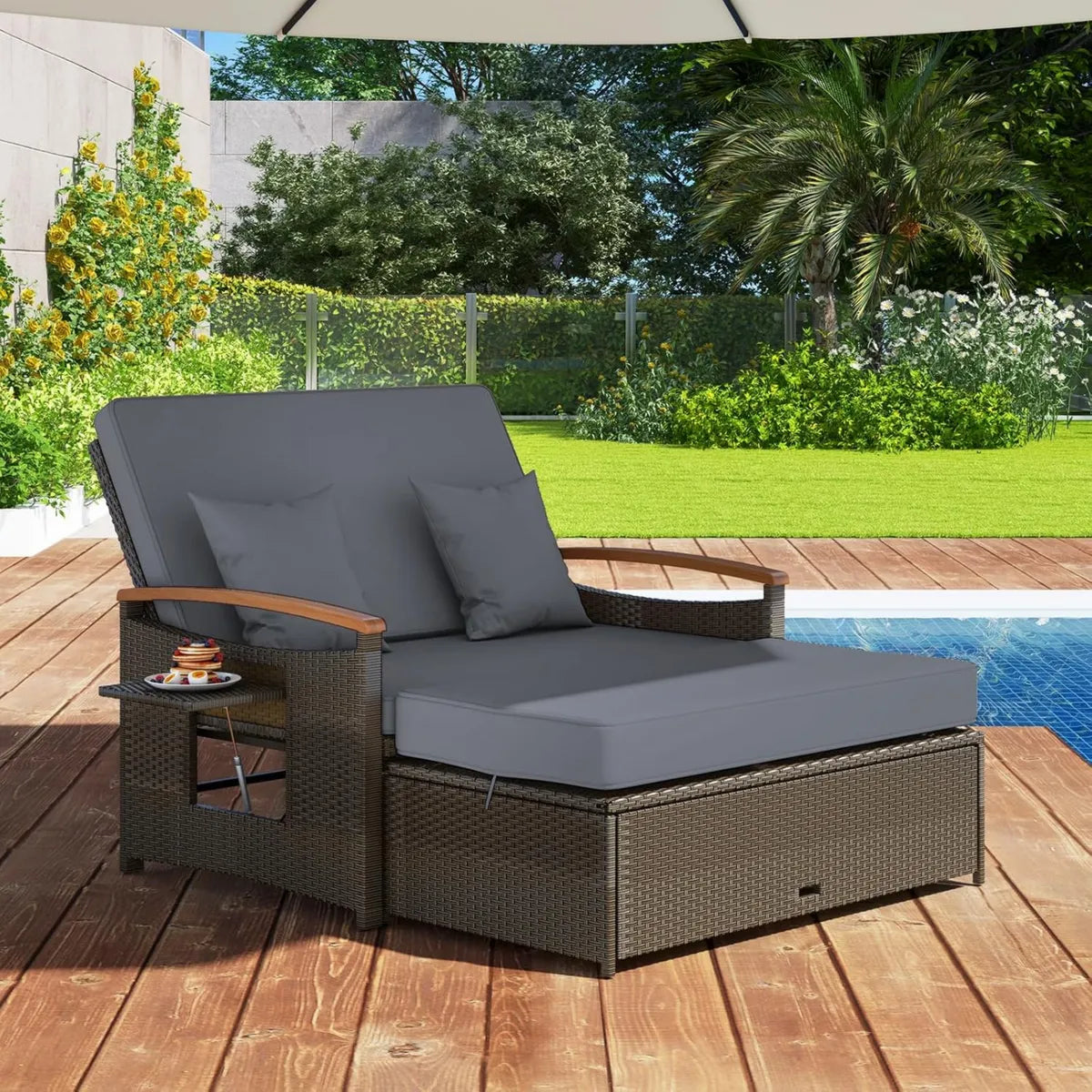 Ensemble de Jardin Extensible en Rotin pour 2 Personnes avec Rangement, Canapé Réglable et Table Basse, Gris