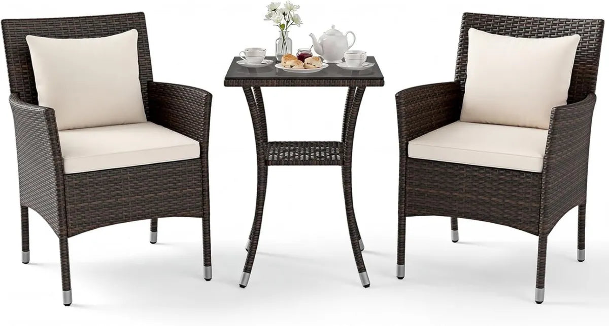 Ensemble de Jardin en Rotin PE avec Table en Verre - 2 Chaises avec Coussin Déhoussable, Capacité 180 kg, Beige