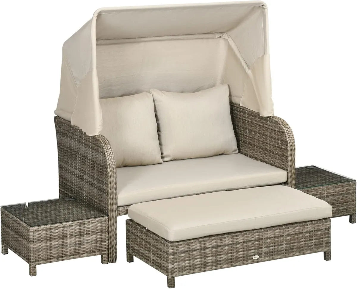 Ensemble de Jardin 4 Pièces en Métal et Résine Rotin - Canapé, Repose-Pieds, Tables - Beige Marron