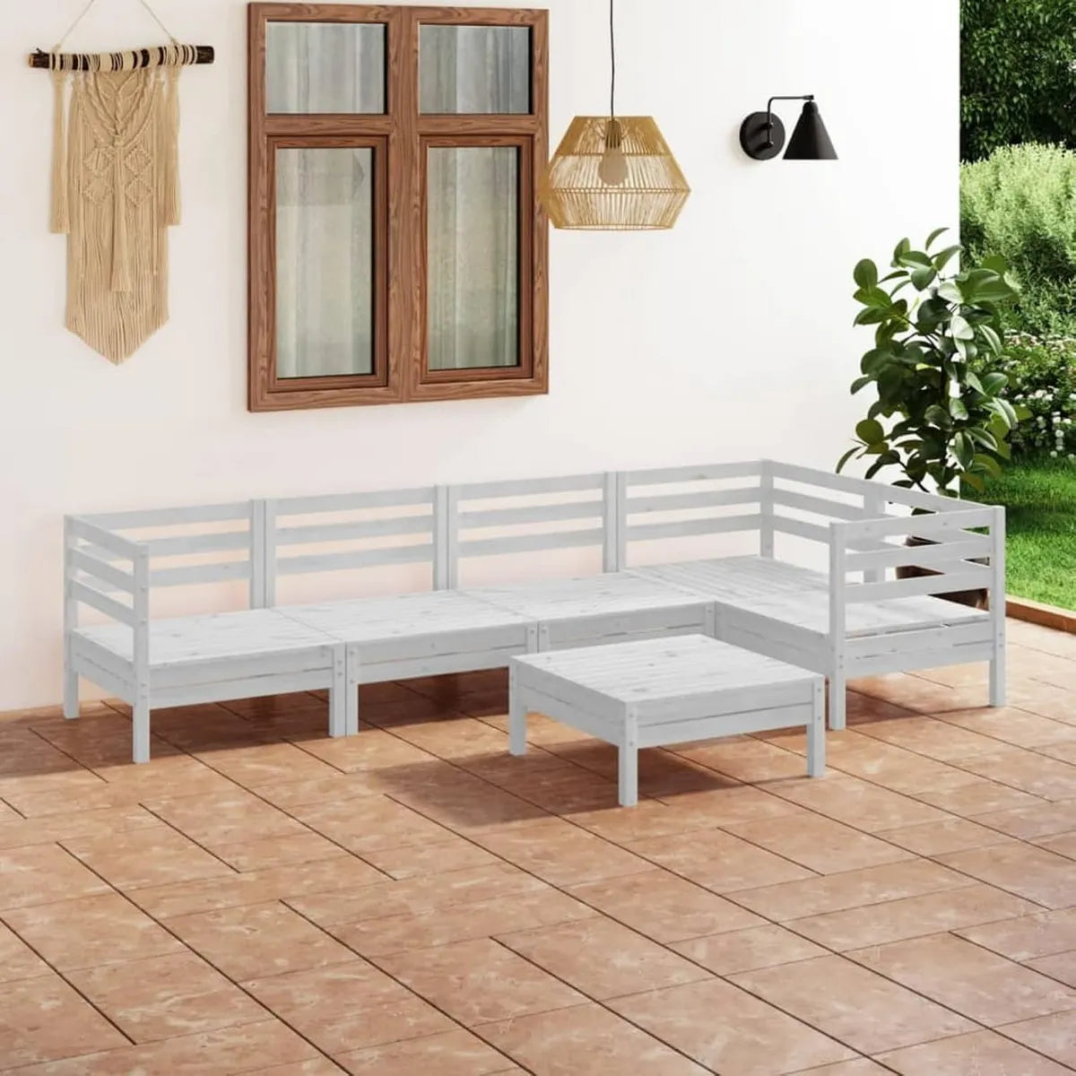Ensemble de Jardin en Bois de Pin Blanc 6 Pièces - Transats et Canapé-Lit