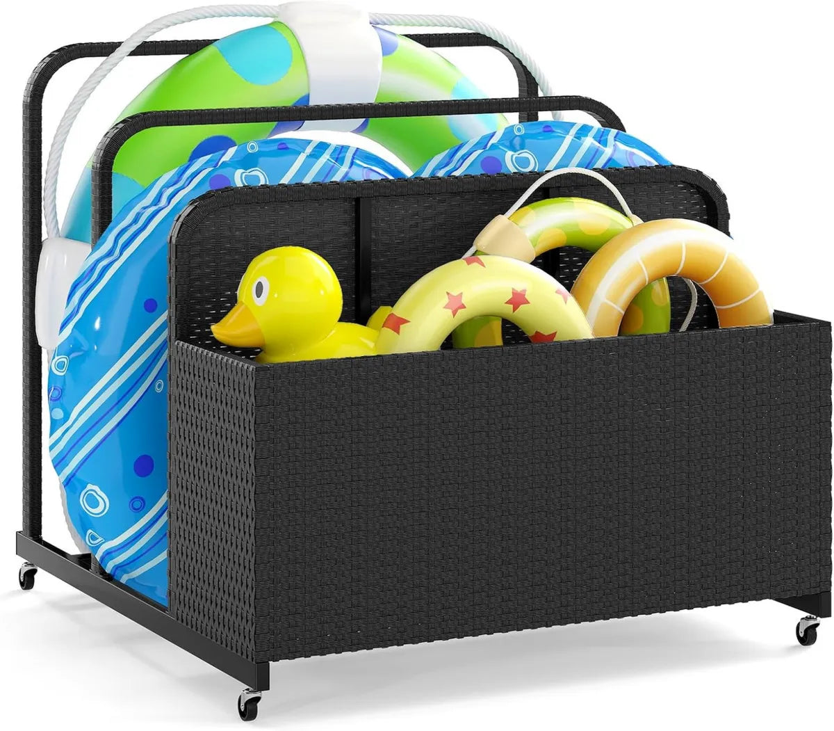 Chariot de Rangement Extérieur en Rotin avec Roues, Coffre de Piscine Noir 100x100x94 cm