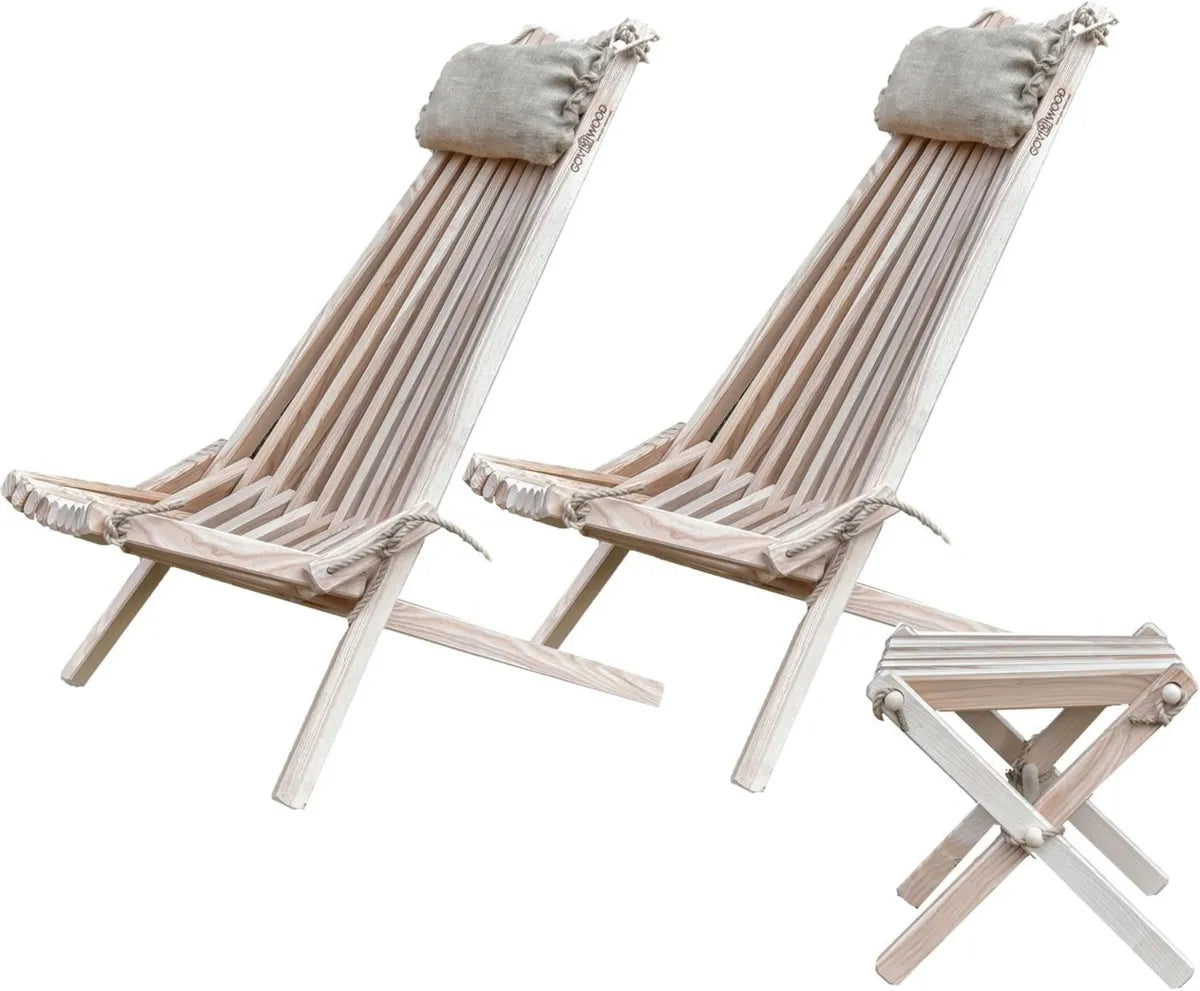 Ensemble de mobilier pliable en bois avec coussins en jute - Chaise longue ergonomique pour intérieur et extérieur - Élégance durable, 2 chaises et table