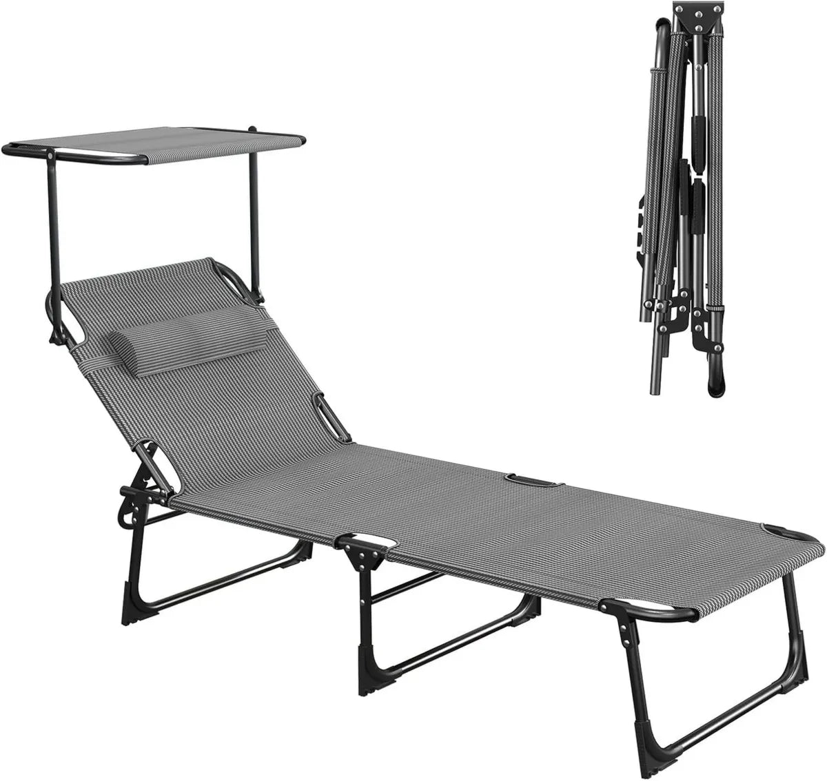 Lot de 2 chaises longues pliables avec pare-soleil et pochette, dossier réglable, idéal pour jardin et plage, 69x195x29 cm, noir