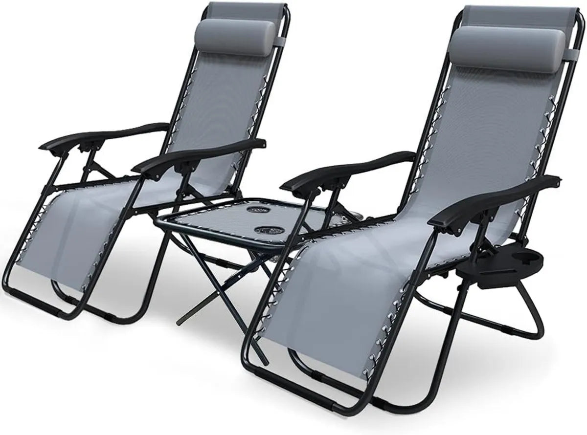 Ensemble de 2 Chaises Longues Inclinables avec Table Pliable en Textilène - Gris