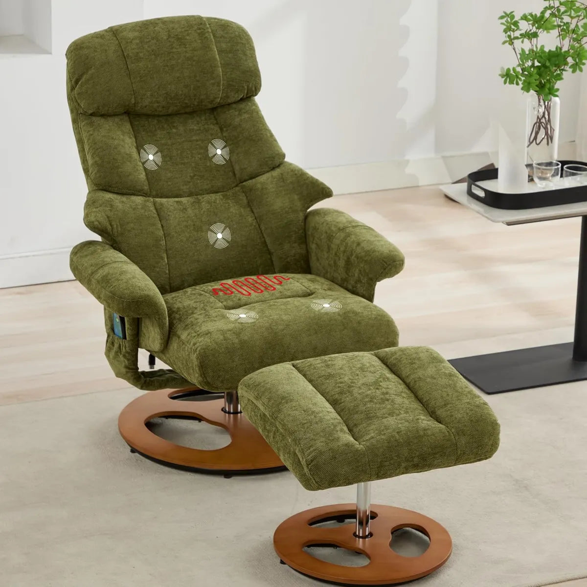 Fauteuil Relax Massant Vert en Tissu Chenille, Inclinable et Pivotant avec Repose-Pieds