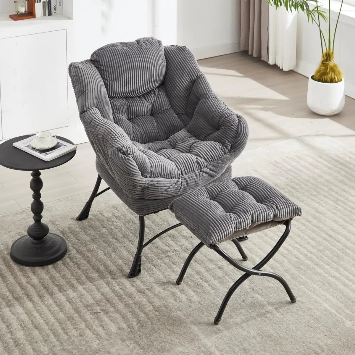 Fauteuil Relax Moderne Gris avec Repose-Pieds Amovible et Poche de Rangement