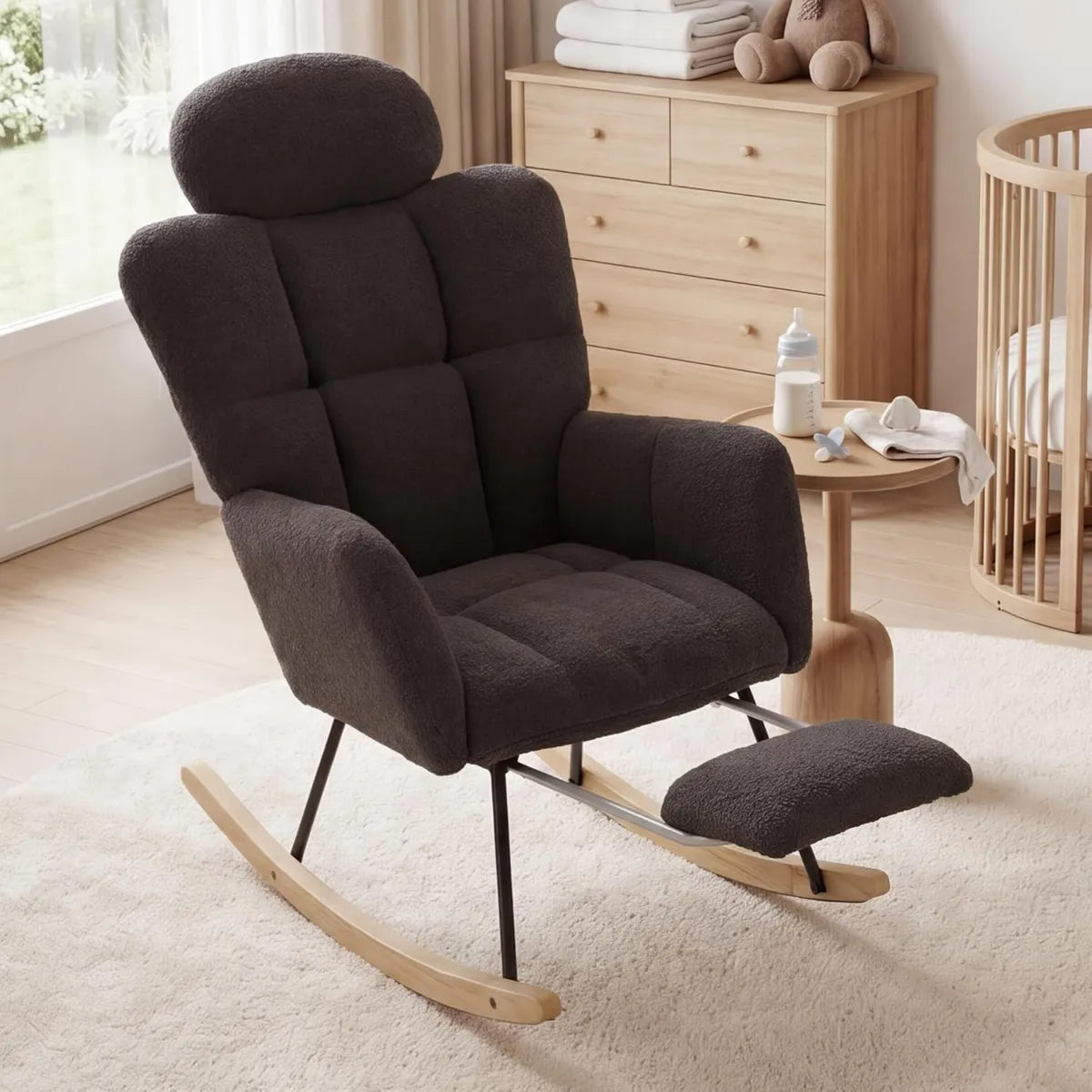 Fauteuil à Bascule Ergonomique en Tissu Bouclette Gris pour Salon