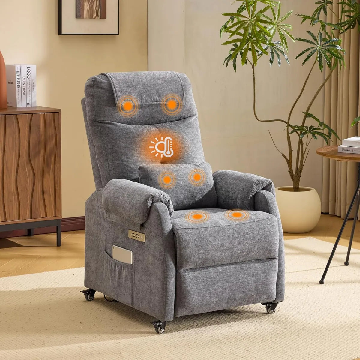 Bonnlo Fauteuil de Massage Électrique Réclinable avec Chauffage, Ports USB-C & USB-A, 1 Poche Latérale, Tissu Chenille