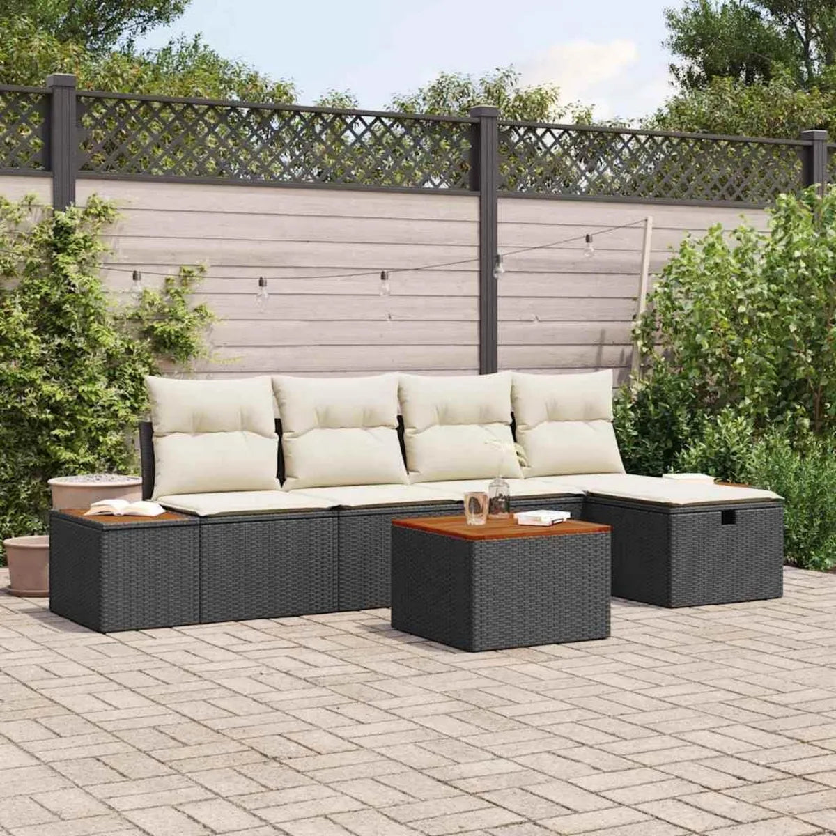 Salon de Jardin Modulable 6 Pièces en Polyrotin Noir avec Coussins, Mobilier de Terrasse Élégant