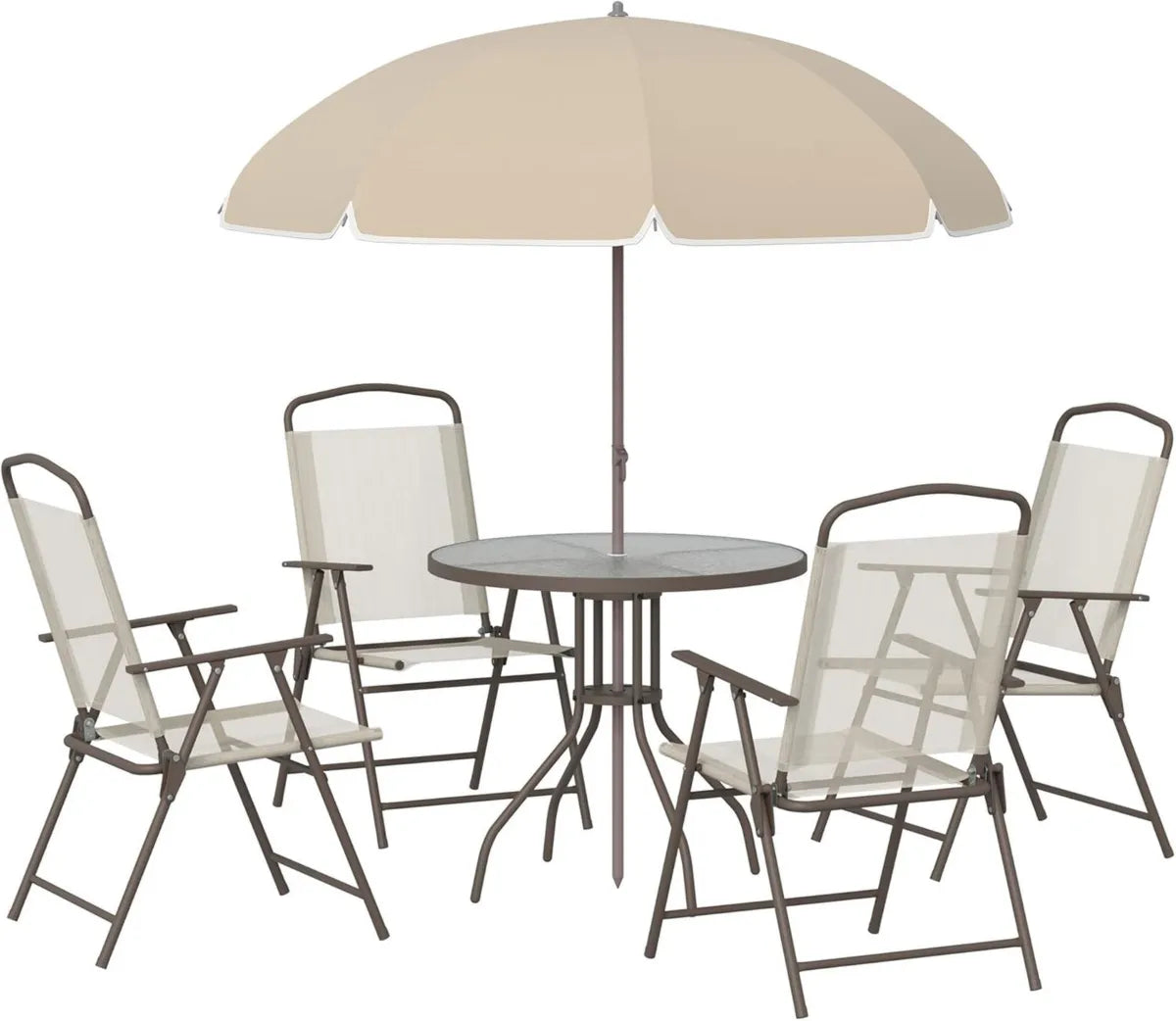 Ensemble de Jardin Outsunny 6 Pièces - Table Ronde, 4 Chaises Pliables et Parasol - Acier Époxy Beige