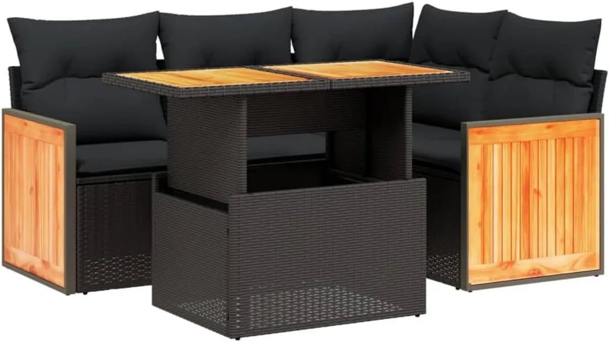 Ensemble de Salon de Jardin en Résine Tressée Noire avec Coussins - 5 Pièces