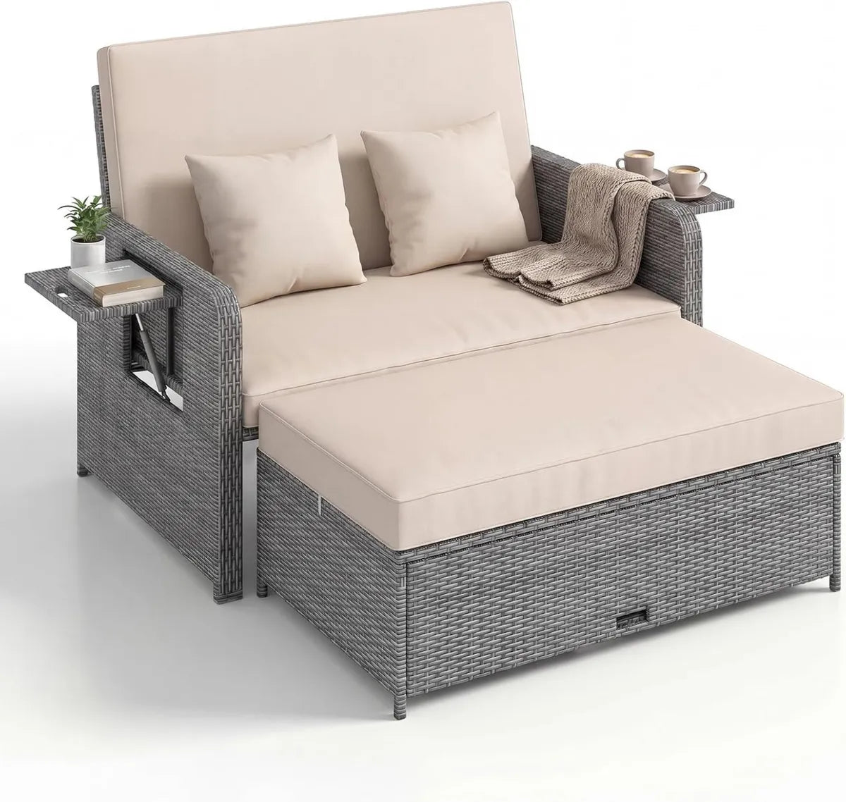 Ensemble de Jardin pour 2 Personnes avec Bain de Soleil Réglable, Rotin PE, Table d'Ambiance et Coussins (Beige)