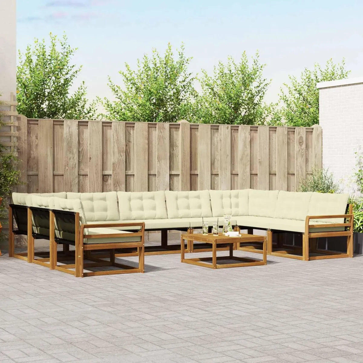 Salon de jardin en bois d'acacia 10 pièces avec coussins crème