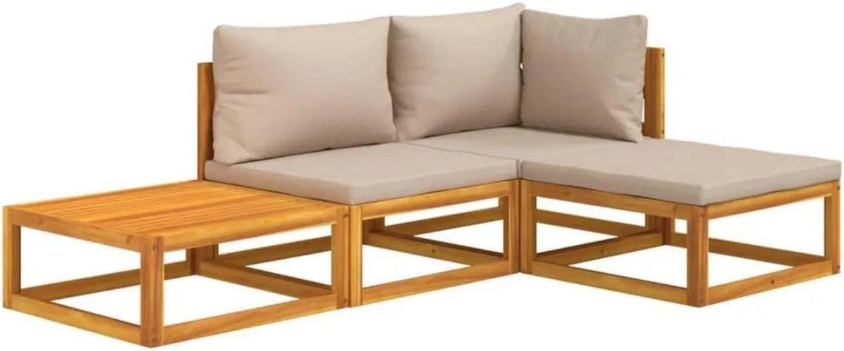 Ensemble Mobilier de Jardin 4 pièces avec Coussins, Table et Canapé en Bois Massif, Taupe
