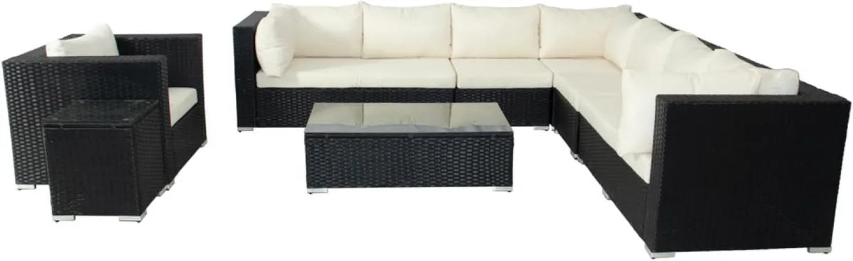 Ensemble de Jardin Modulable 8 Places en Résine Tressée Noire avec Coussins Blancs