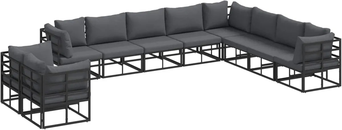 Ensemble de Salon de Jardin Noir 10 Places en Aluminium avec Coussins Anthracite