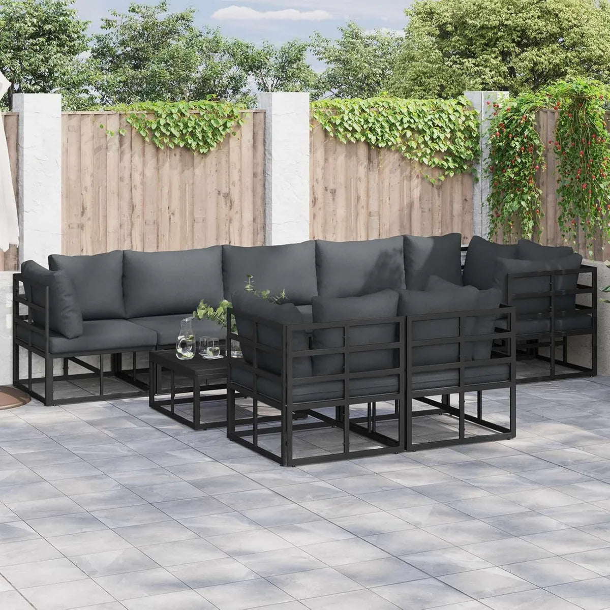 Salon de Jardin en Aluminium Noir 9 Pièces avec Coussins Confort pour Terrasse et Patio