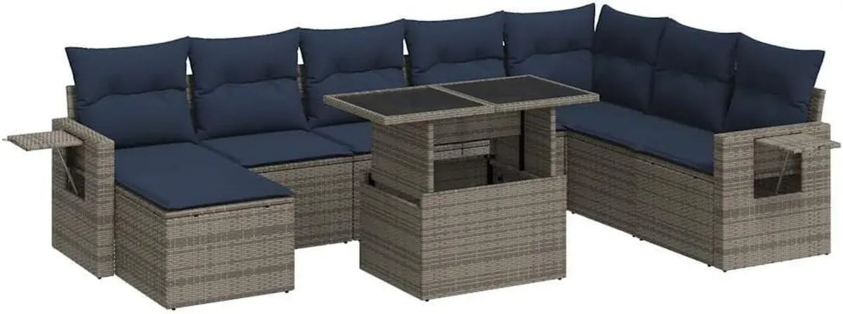 Ensemble de Mobilier de Jardin 9 Pièces en Résine Tressée Gris avec Coussins, Acacia