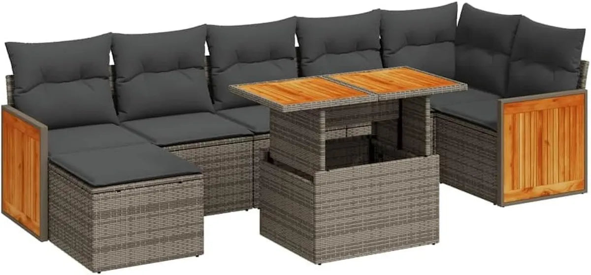 Ensemble de Canapés en Résine Tressée Gris 7 pcs avec Coussins, Mobilier de Jardin en Acacia