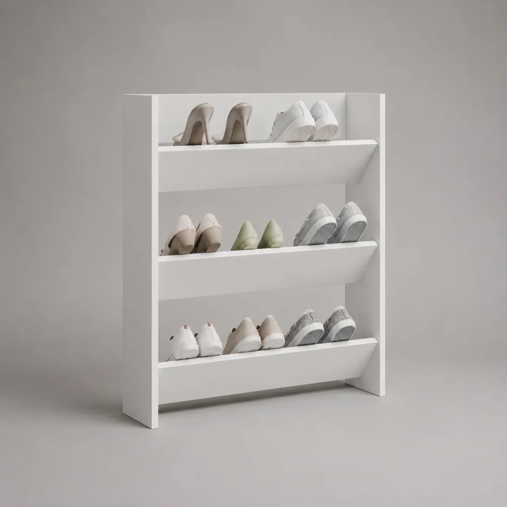 Meuble à chaussures 100 cm x 30 cm x 110 cm en panneaux de particules mélaminés blanc forme rectangulaire à 3 niveaux inclinés