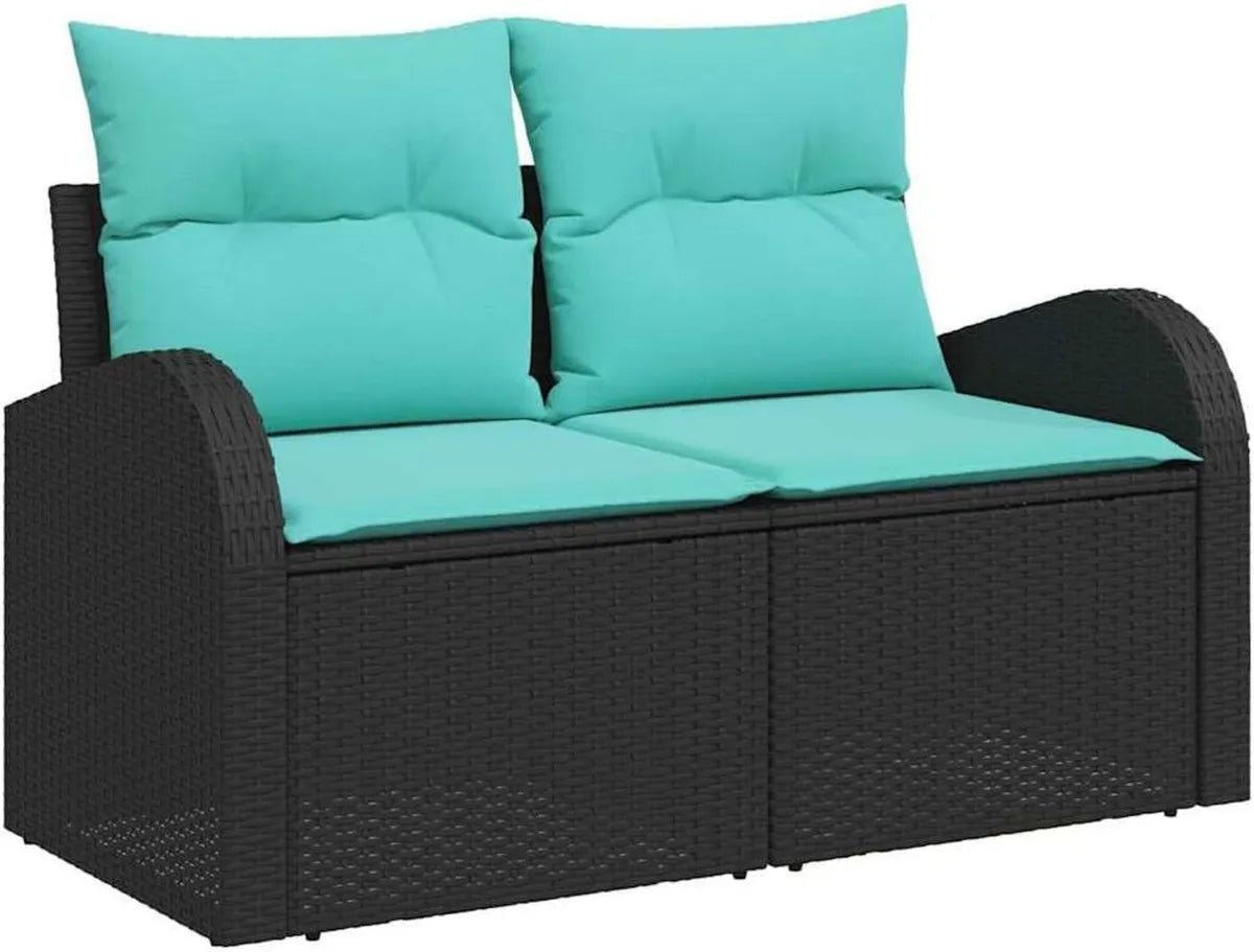 Sofa de Jardin en Rotin Synthétique Noir 2 Places avec Coussins, Cadre en Acier - 124x62x85 cm
