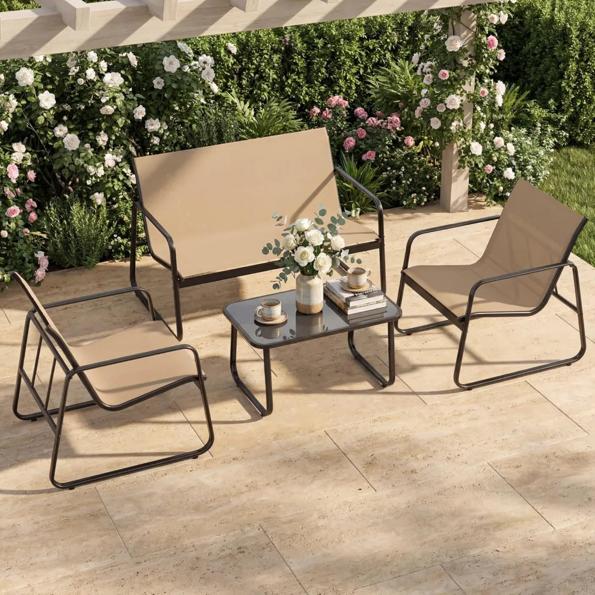 GIANTEX Mobilier d'Extérieur 4 Pièces: Canapé, Chaises et Table en Verre, Structure Métal, pour Jardin et Patio (Marron)