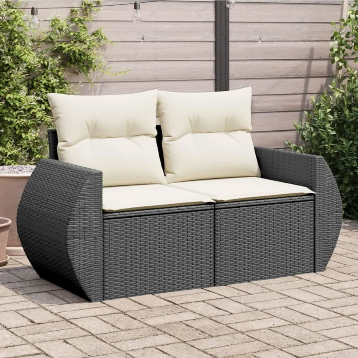 Canapé de Jardin 2 Places en Rotin Synthétique Noir avec Coussins - Mobilier Extérieur pour Terrasse
