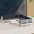 Ensemble de Salon de Jardin 9 Pièces en Bois de Pin avec Coussins Blancs pour Terrasse et Balcon