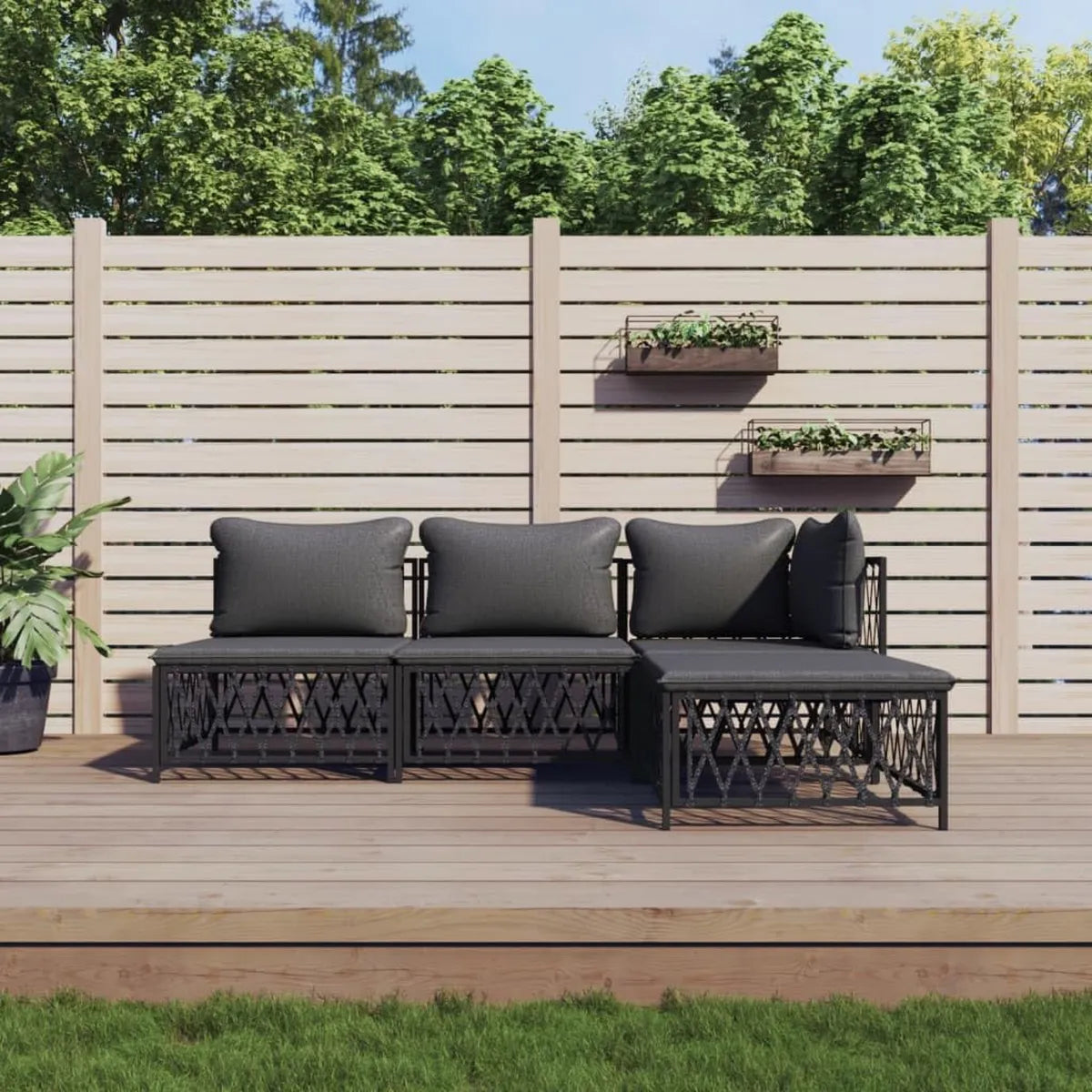 Ensemble de jardin modulaire 4 pièces en acier anthracite avec coussins - Pour terrasse et balcon - Dimensions : 72 x 72 x 66 cm