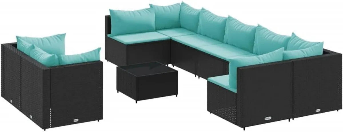 Ensemble de Salon de Jardin 10 Pièces en Résine Tressée Noire avec Coussins