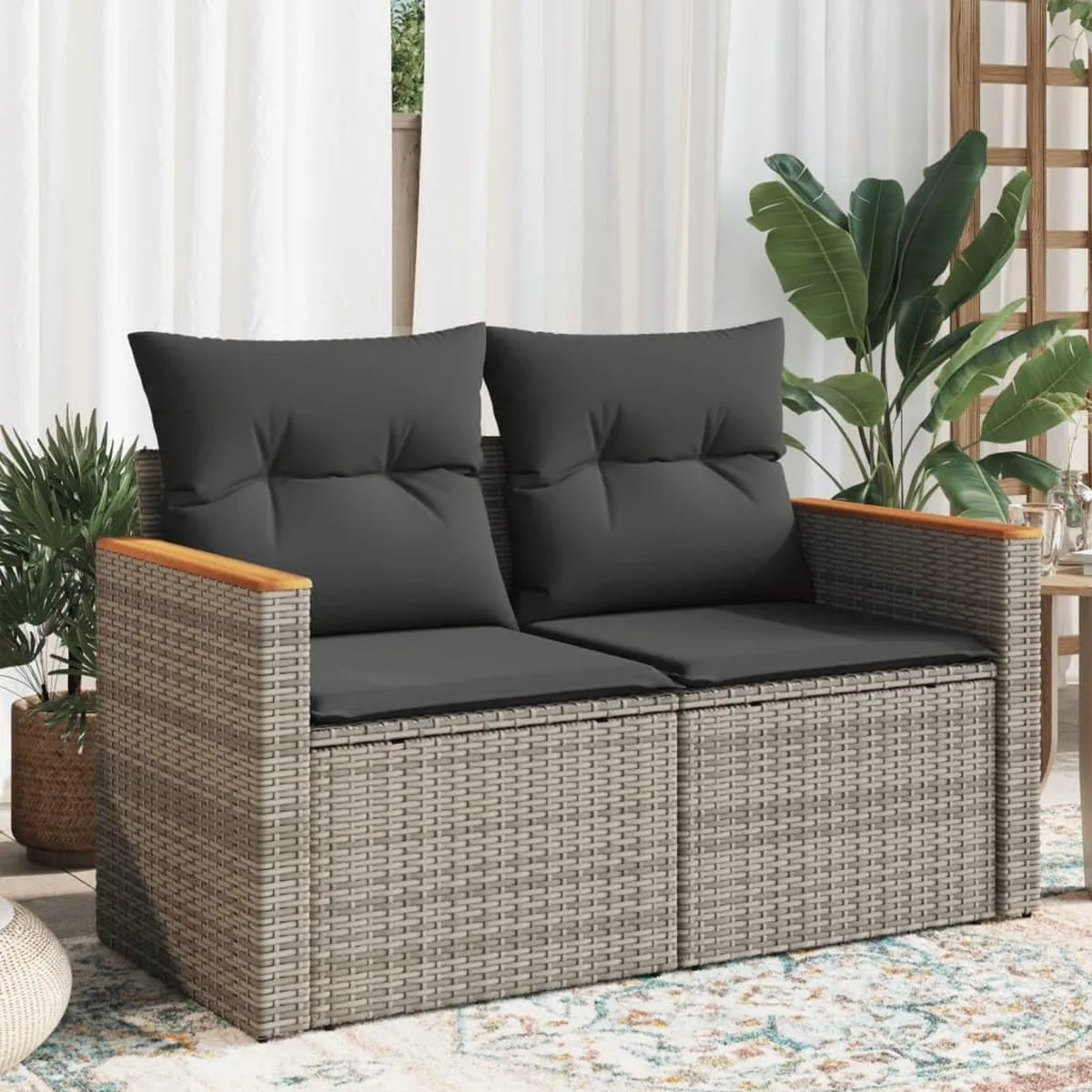 Canapé de Jardin en Résine Tressée 2 Places avec Coussins Gris pour Terrasse et Balcon
