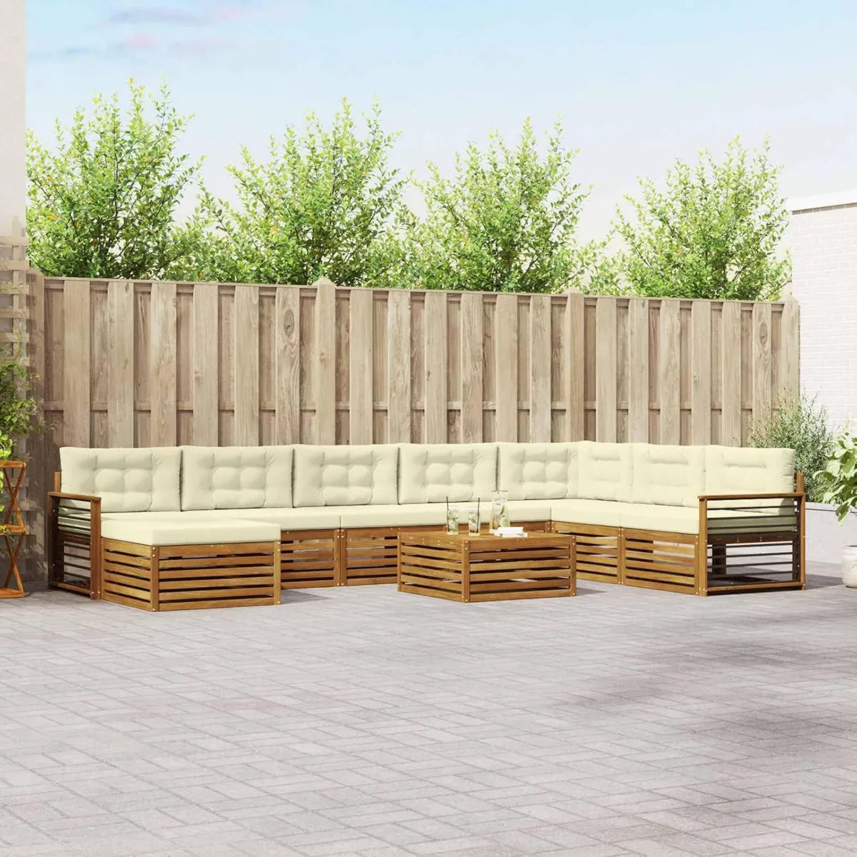 Set de Canapés Modulables en Acacia avec Coussins pour Extérieur, Naturel et Crème