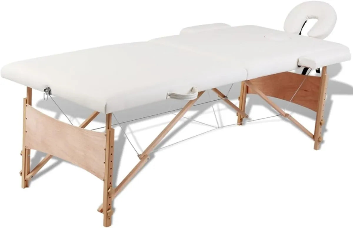 Table de Massage Pliante 2 Zones, Crème, Cadre en Bois pour Spa et Jardin