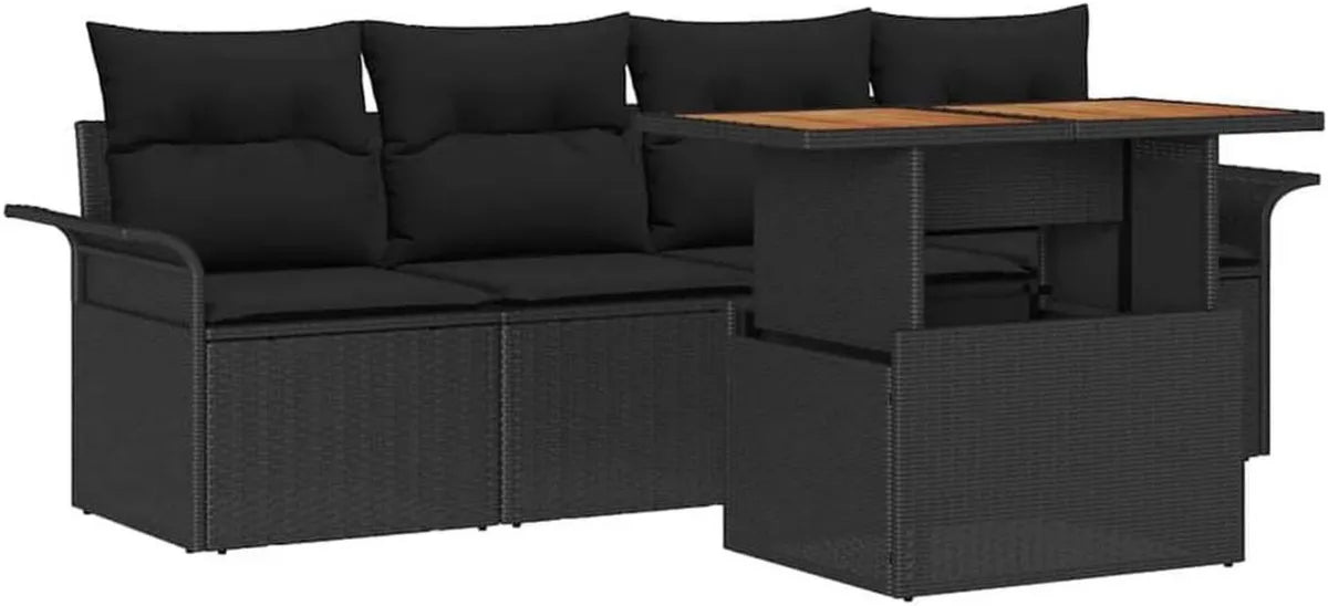 Ensemble de Salon de Jardin en Rotin Noir avec Coussins - 5 Pièces
