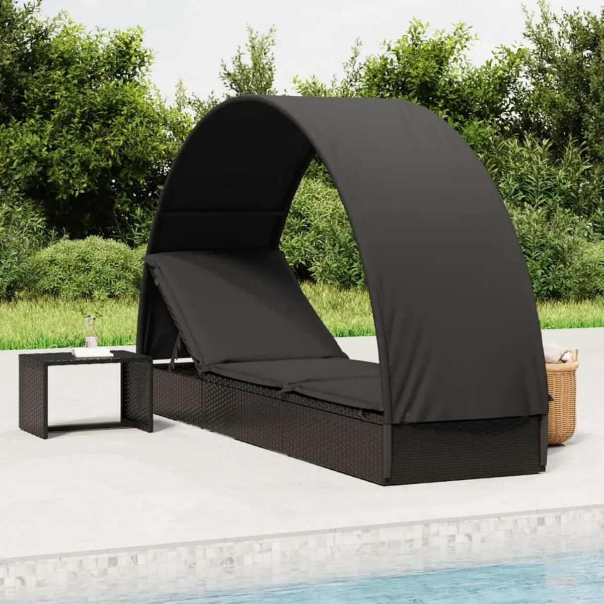 LAPOOH Lit de jour en rotin noir avec auvent pour jardin, 211x57x140 cm