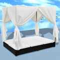 Lit de Jardin Double en Résine Tressée avec Coussins Déhoussables et Rideaux - Noir et Blanc Crème