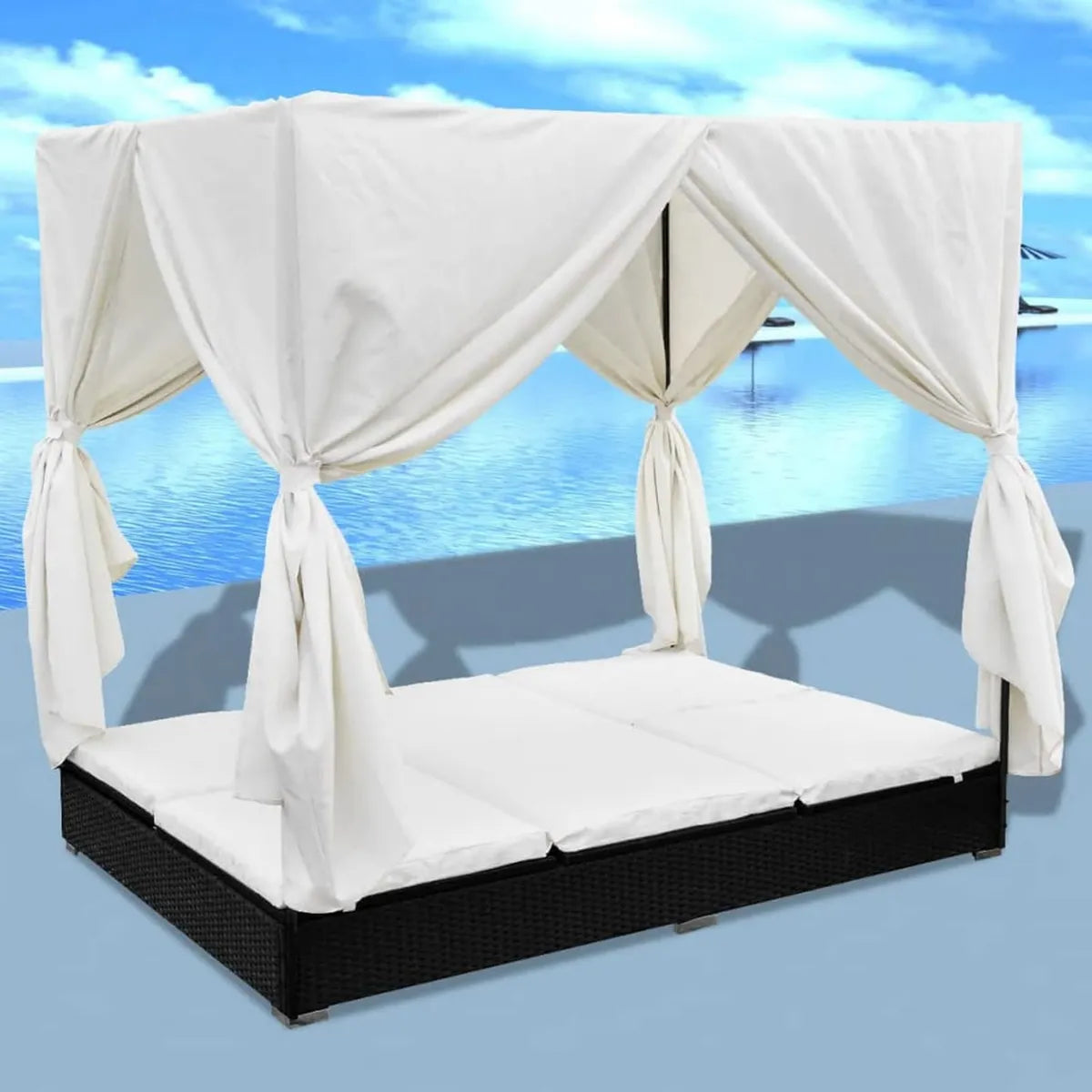 Lit de Jardin Double en Résine Tressée avec Coussins Déhoussables et Rideaux - Noir et Blanc Crème
