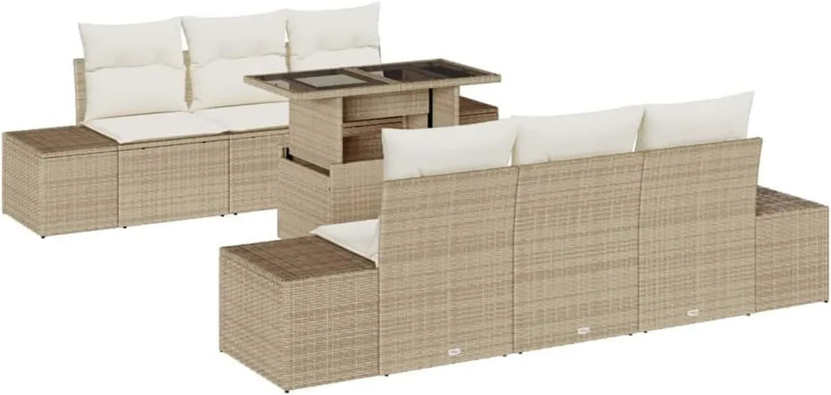 Salon de Jardin 7 Pièces en Résine Tressée avec Coussins Beige