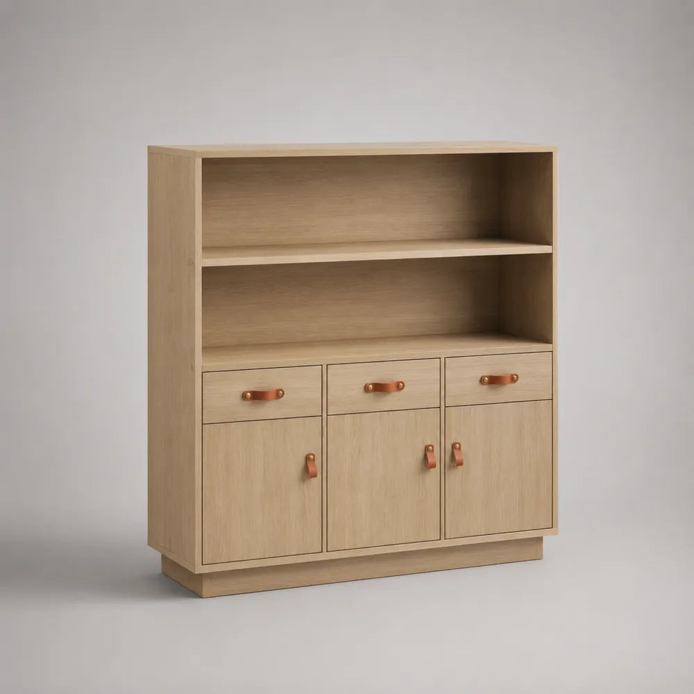Buffet de salle à manger bois chêne clair 3 portes 3 tiroirs étagère ouverte 120 cm x 35 cm x 120 cm