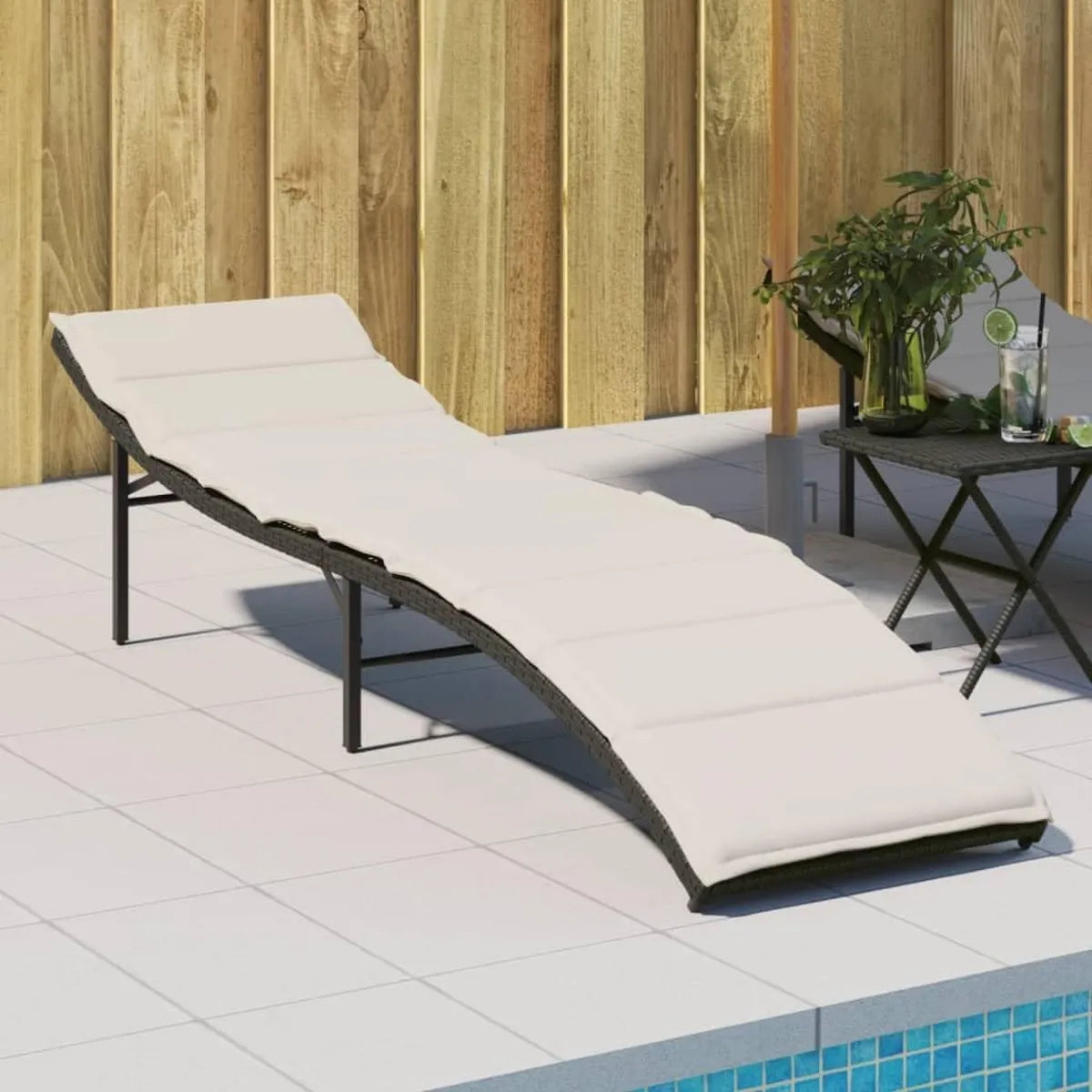 Chaise Longue en Résine Tressée Noire avec Coussin 55x199x50 cm pour Jardin