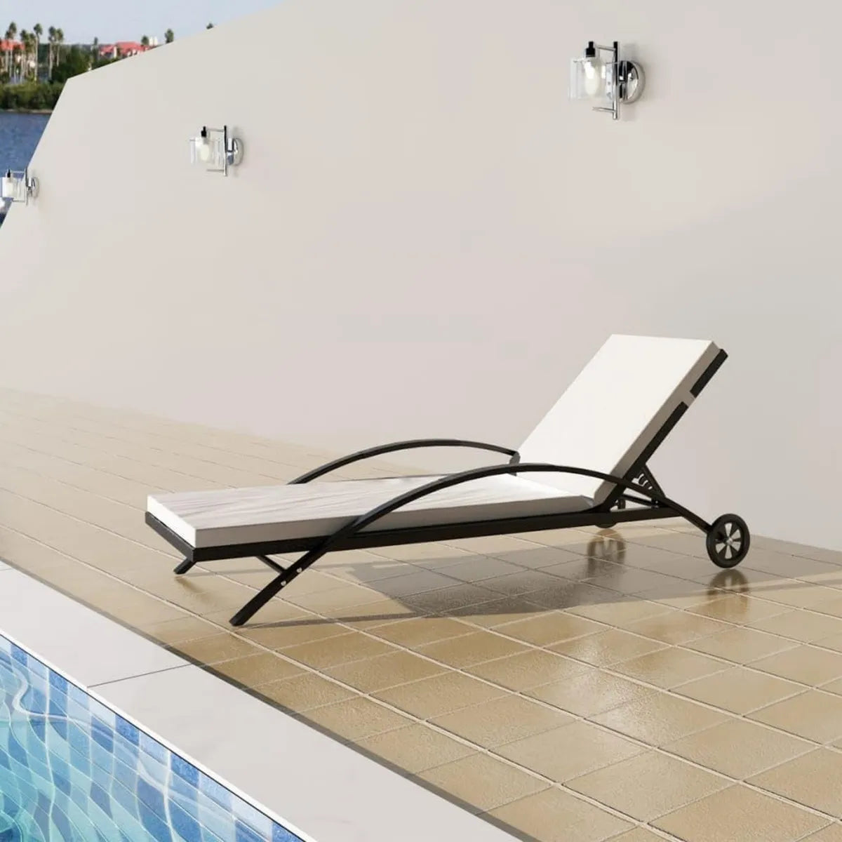 Chaise Longue en Résine Tressée avec Roulettes et Coussin, Dossier Inclinable, Salon de Jardin, 199,5 x 65 x 37 cm, Noir