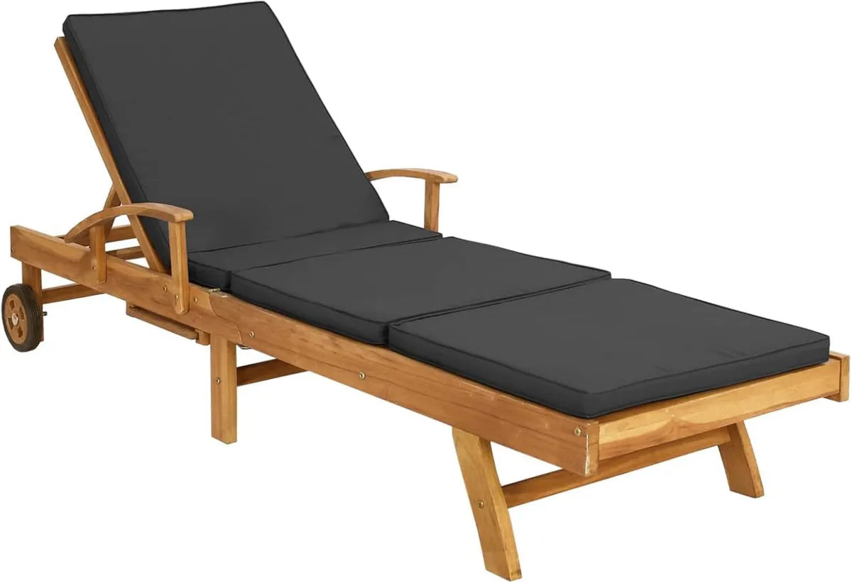 Chaise Longue en Teck avec Coussin, Table Intégrée et Roues