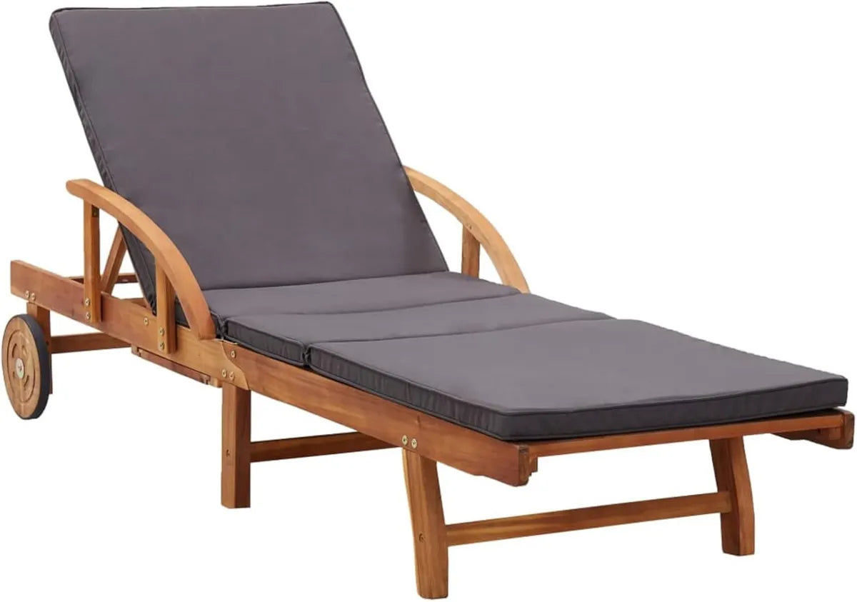 Chaise Longue en Acacia avec Coussin, Transat Réglable de Jardin avec Roues, Idéal pour Terrasse et Plage