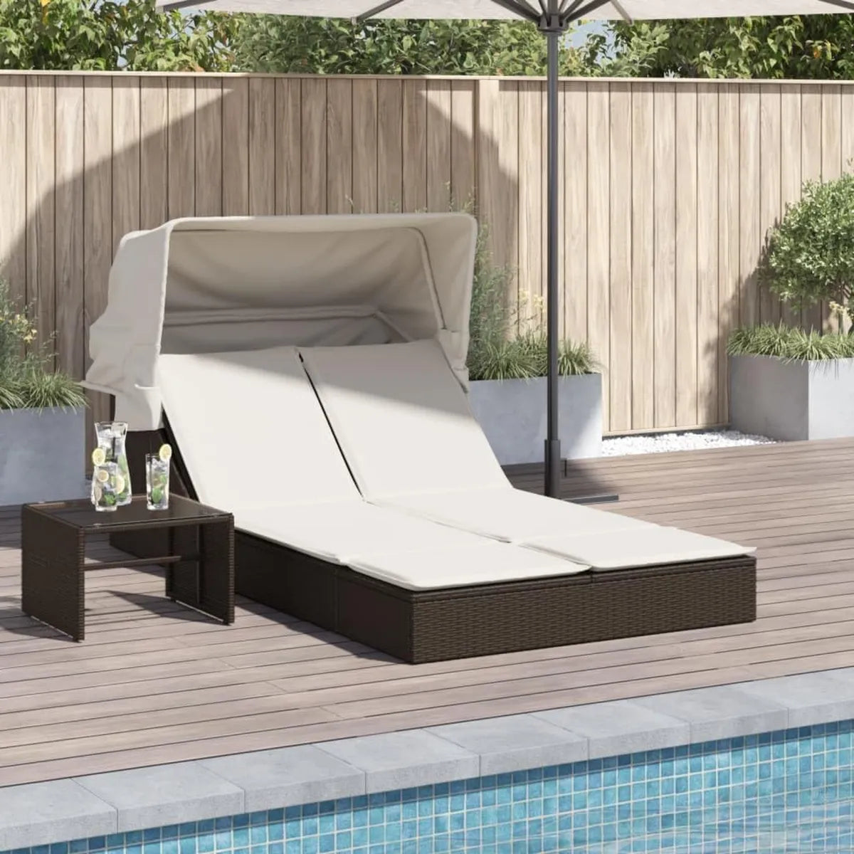 Bain de Soleil Double en Rotin avec Auvent et Coussins Marron