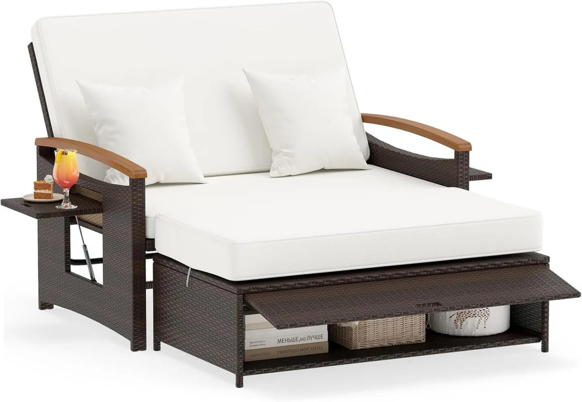 Canapé-lit en rotin avec ottoman, bain de soleil de jardin, dossier réglable, table d'appoint rétractable, mobilier de terrasse 2 places (Marron et Blanc)