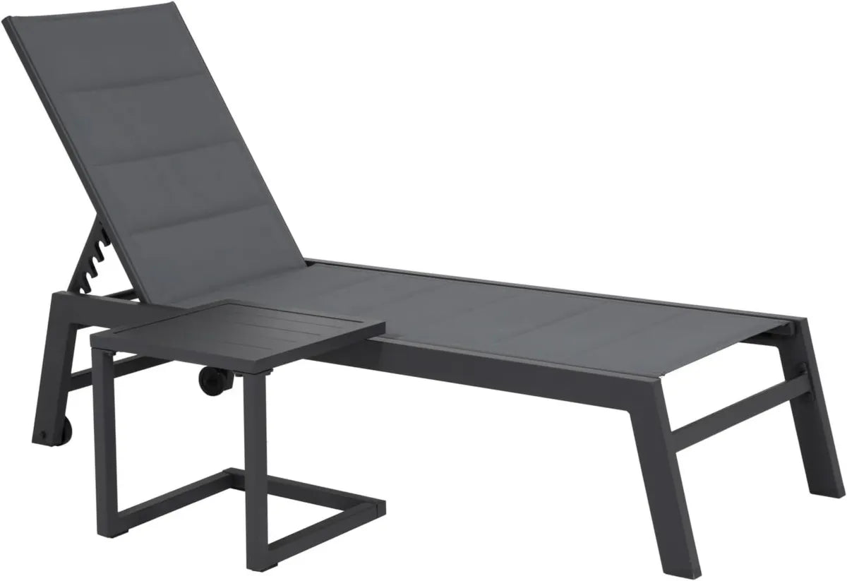 Chaise Longue d'Extérieur Barbados en Textilène Gris avec Structure en Aluminium et Table d'Appoint